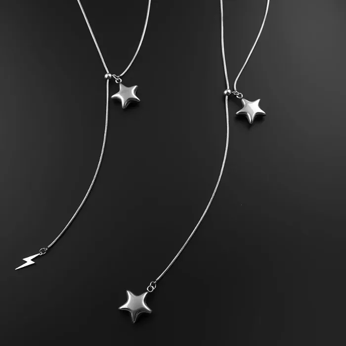 Authentic Minimalist Silver Y Lariat Necklace Star Pendant Thin Stainless Steel Snake Chain Dainty Layering Long Hiphop Party Jewelry Gift