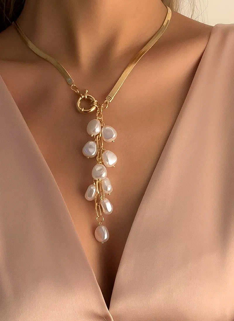 Authentic Faux Pearl Tassel Charm Y Lariat Necklace
