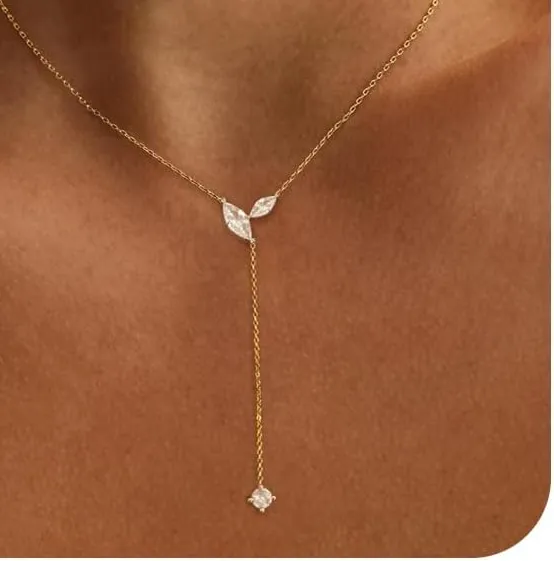 Authentic Gold Necklace for Women - Dainty Long Lariat Necklace 14K Gold Plated Clover Star Teardrop CZ Y Shaped Drop Necklaces Cute Long Necklaces for Women Trendy Prom Formal Womens Jewelry