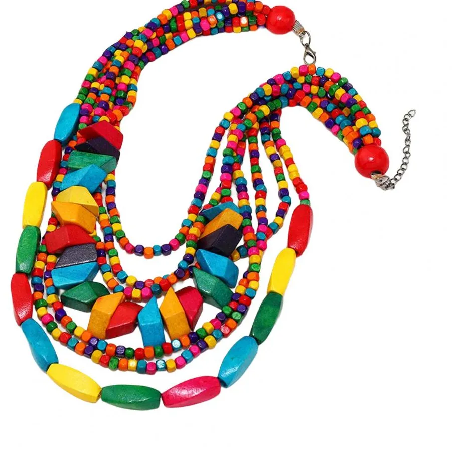 Authentic Whispers of the Forest: Multicolored Wood Beaded Layered Necklace