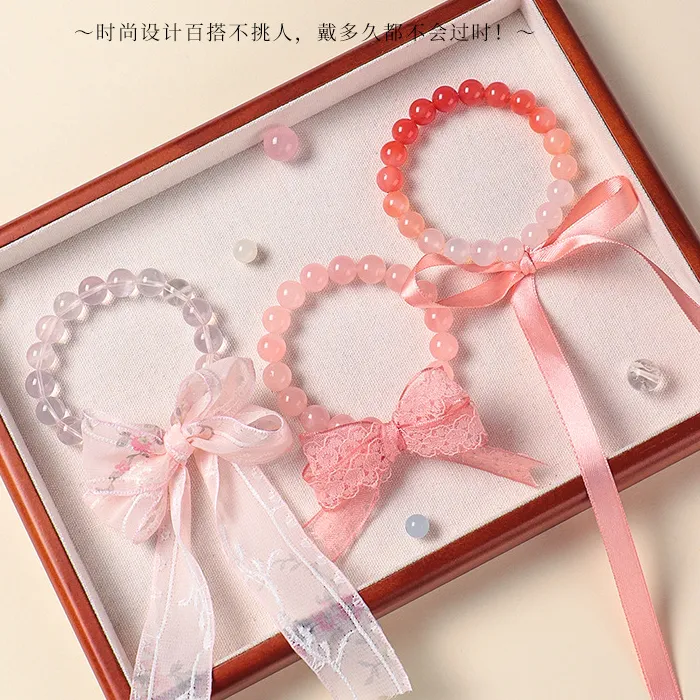 Authentic Natural Pink Crystal Beaded Bow Bracelet Fresh Sweet Yanyuan Agate Beaded Strand Bracelet Jewelry Gif