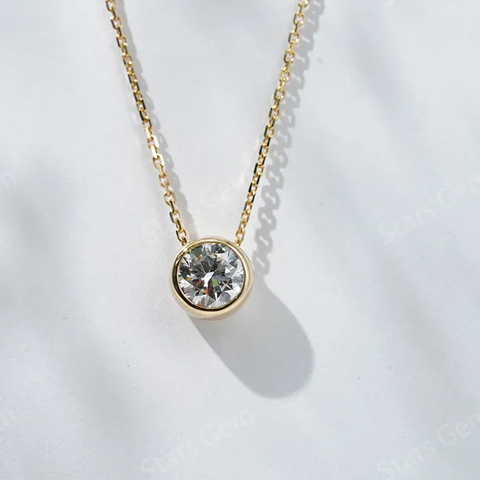 Authentic 18K Gold 6.4mm 1.0ct Round Brilliant Cut Lab Grown Diamond Bezel Set Classic Pendant Necklace Jewelry