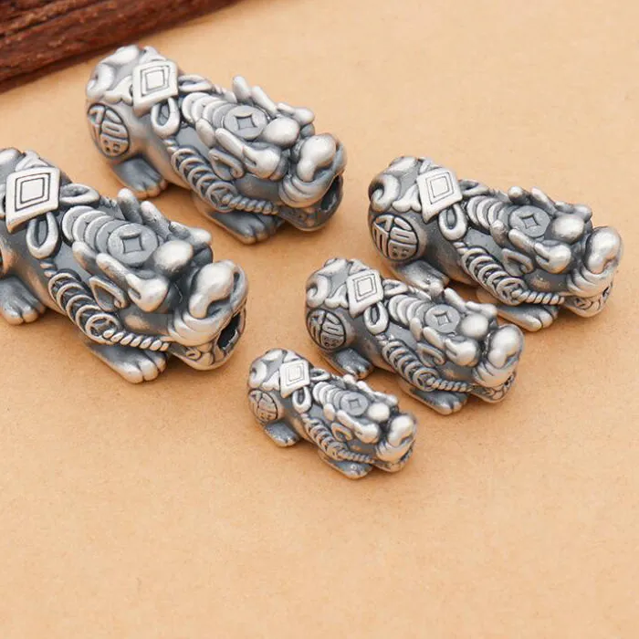 Authentic 100 3D 999 Silver Fengshui Pixiu Beads Silver Piyao Beads Good Luck Jewelry Beads Diy Bracelet Lucky Animal