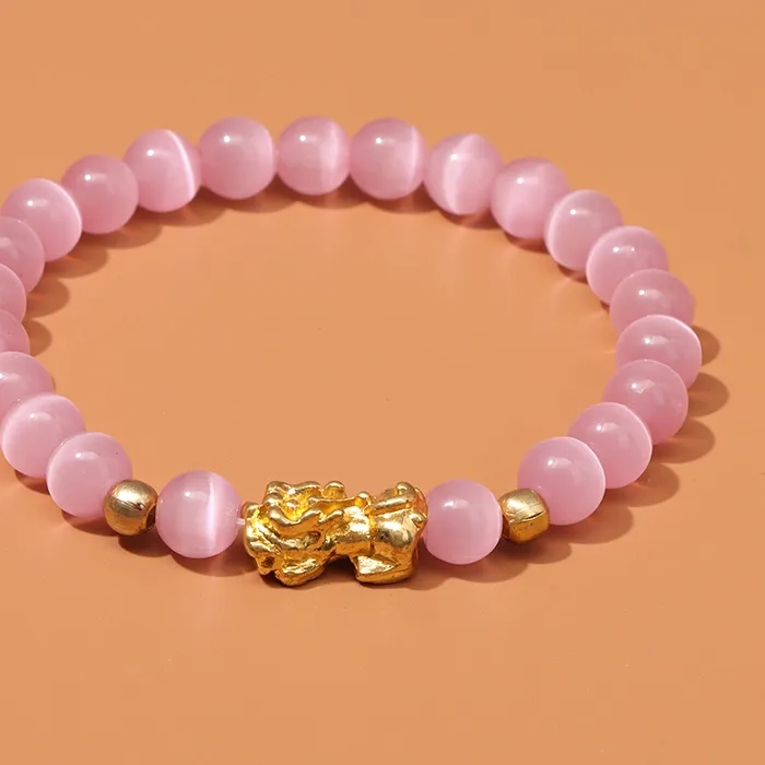 Authentic Feng Shui Stone Beads Bracelet Pink Cat Eye Bead Bracelets Pixiu Wealth Lucky Bracelet for Women Men Jewelry Bangles Gifts
