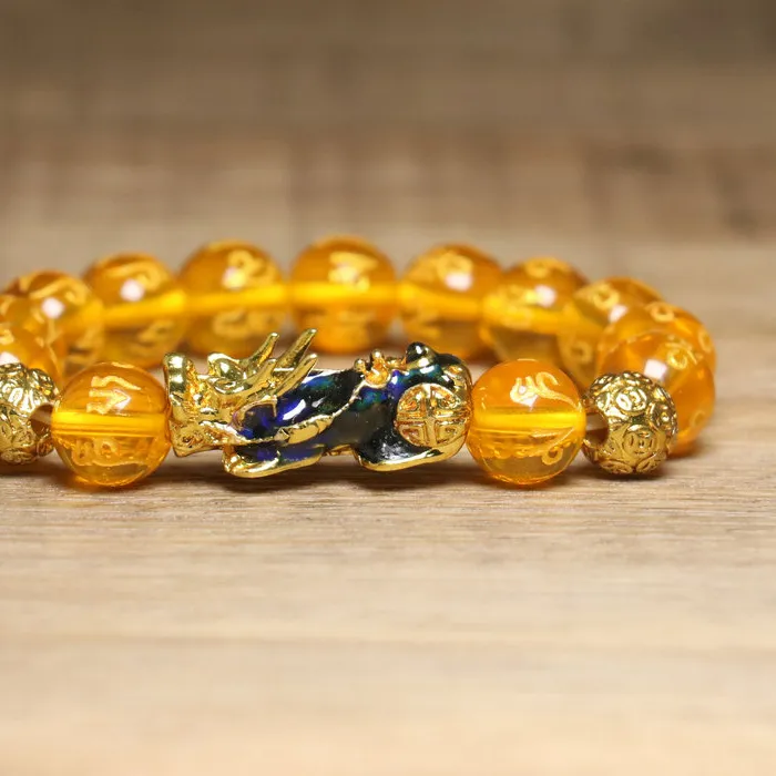 Authentic Gemstone Beads Bracelet  with Golden Pixiu Charm (Green/Blue/Yellow), Adjustable Wealth Energy Jewelry for Luck & Anxiety Relief