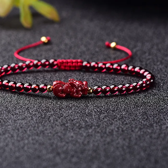 Authentic Celestial Wealth Guardian - Hand-Wove Cinnabar and Garnet Pixiu Talisman