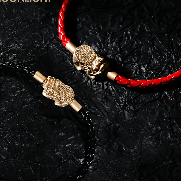 Authentic The Guardian of Abundance Braided Leather and Gold-Plated Pixiu Talisman