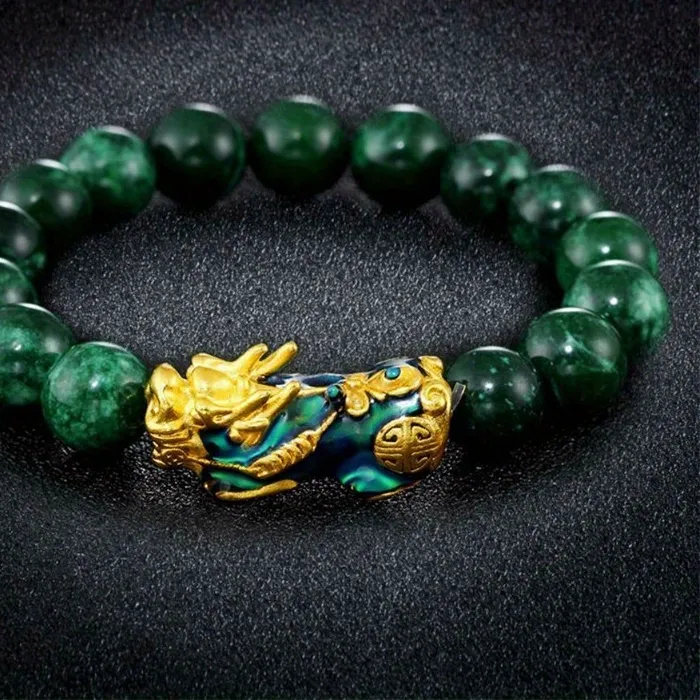 Authentic The Golden Guardian of Abundance: Pixiu Malachite and Jade Wristband