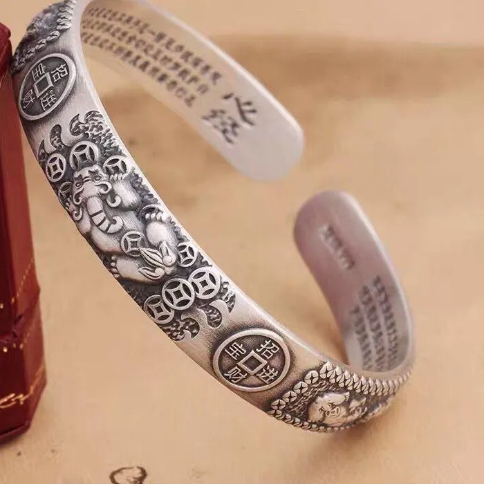 Authentic The Sovereign Guardian: Vintage Silver-Hued Pixiu Bangle of Wealth and Dominance