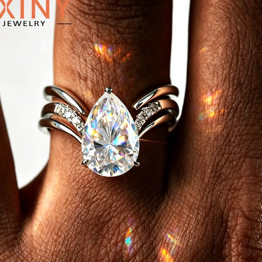 Authentic BXINY 4CT Pear Cut Full Moissanite Ring Set 925 Sterling Silver for Women WaterDrop Diamond Stacking Wedding Bands Gifts Jewelry