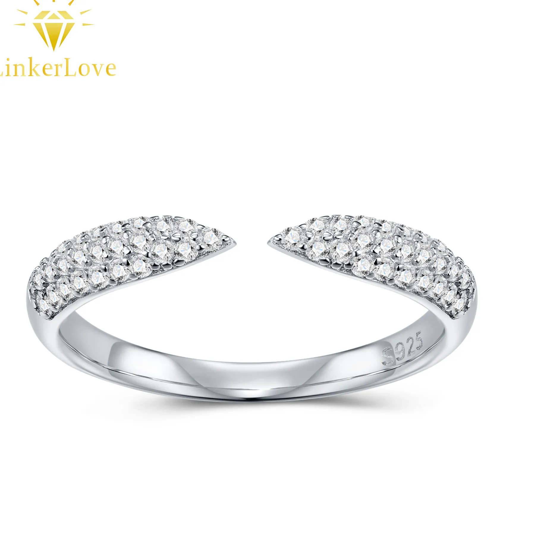 Authentic LinkerLove S925 Sterling Silver Moissanite Open Cuff Ring White Gold Plated Stacking Wedding Band for Women Party Fine Jewelry