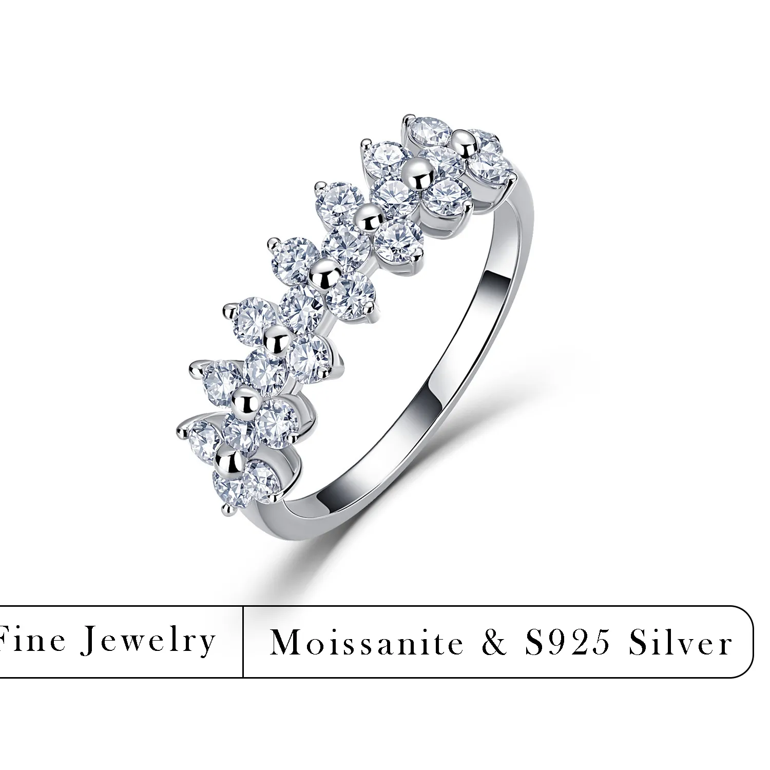 Authentic 1CTW Round Moissanite Floral Row Ring S925 Silver Multi Flower Cluster Ring Dainty Stacking Band For Women Daily Party Jewelry