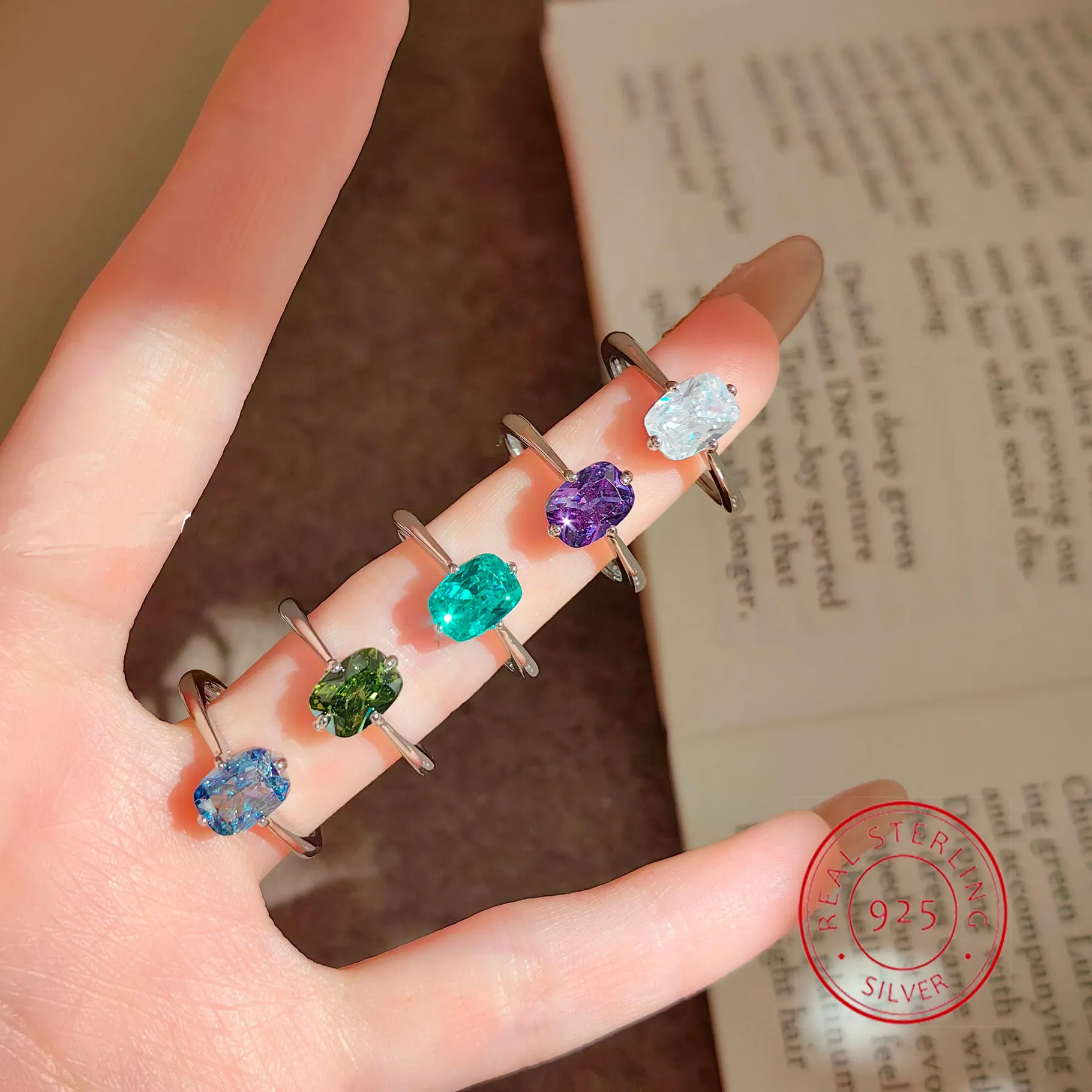 Authentic Colorful Oval Green Stone Stacking Thin Rings For Women 925 Silver Minimalist Zircon Adjustable Wedding Bands Finger Jewelry
