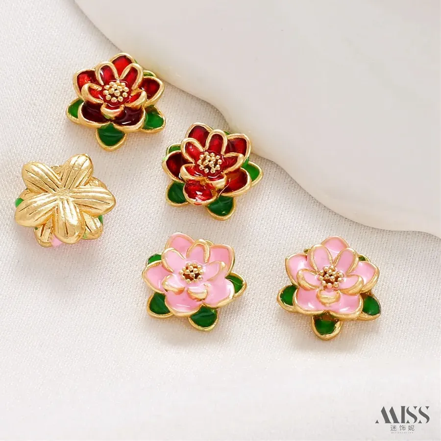 Authentic 18K Gold Bag Color Matte Gold Oil Drop Burnt Blue Three-dimensional Lotus Through-hole Bead Diy Bracelet Jewelry Accessories