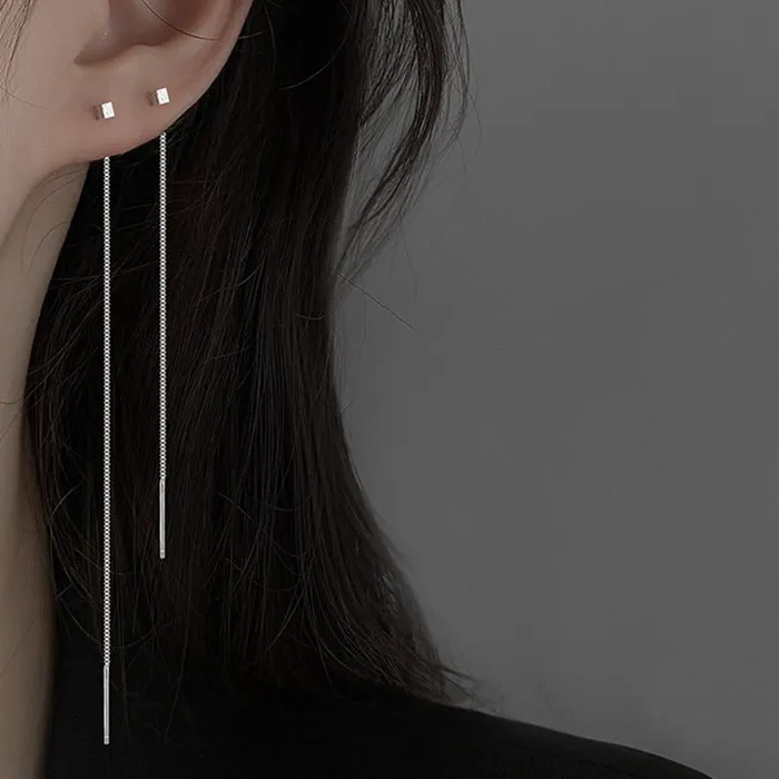 Authentic 925 Sterling Silver Matte Block 10 13Cm Long Chain Tassel Stud Earrings Classic Fine Jewelry Elegant Accessories