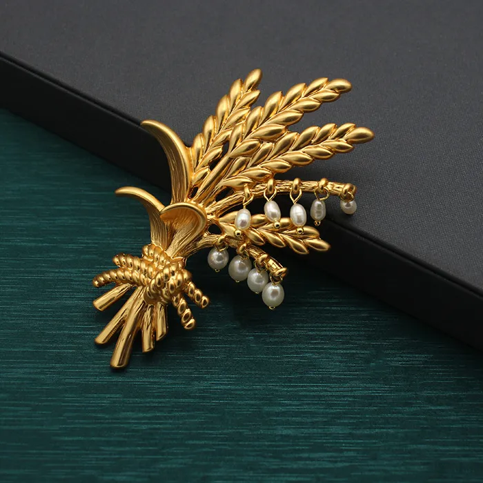 Authentic Used Freshwater Pearl Wheat Ear Brooch - Matte Gold, Solid Gold Jewelry - Minimalist and Versatile Style