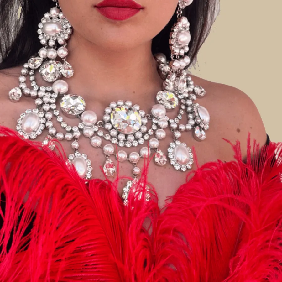 Authentic CUIER Pretty Rhinstone Pearl Necklace Earring Jewelr Set for Women Wedding Night Club TV Show Exaggerated For Drag Queen