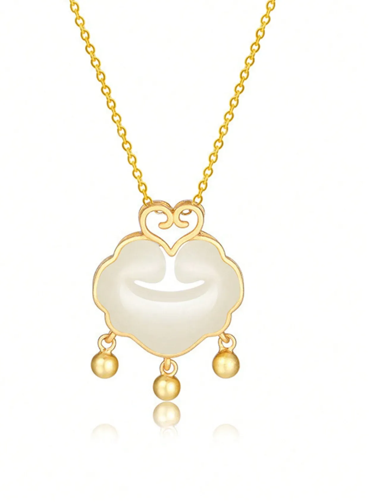 Authentic 1pc Women Elegant Sweet Imitation Jade Longevity Lock Pendant Necklace Palace Style Gold Plated Ruyi Lock Tassel Link Chain Choker Vintage Cultural Jewelry Gift For Banquet Daily Wear Hypoallergenic