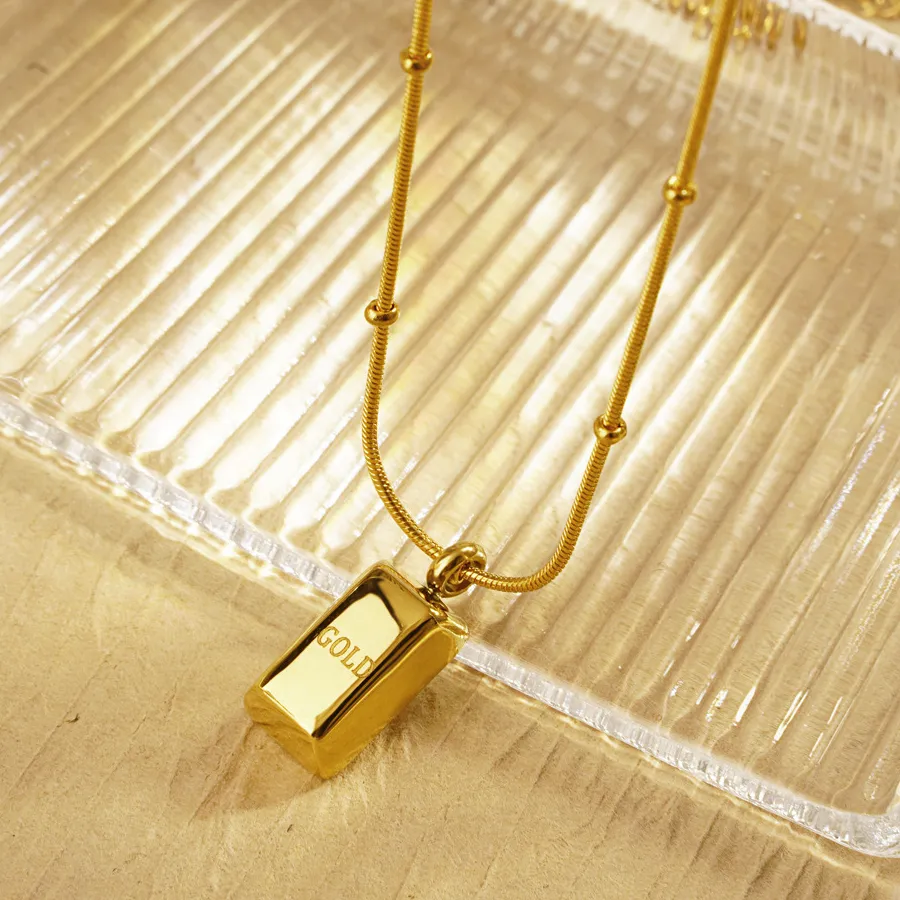 Authentic Mini Little Gold Brick Pendant Necklace Stainless Steel Plated 18K Golds Lock Bone Chain Women Fashion Jewelry Birthday Party