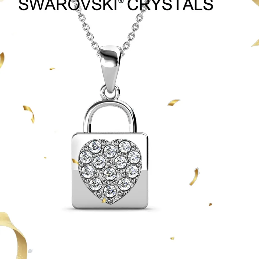 Authentic Daisini Women's 925 Sterling Silver Lock Design Pendant Necklace 18K White Gold Plated Embellished with Swarovski Crystals
