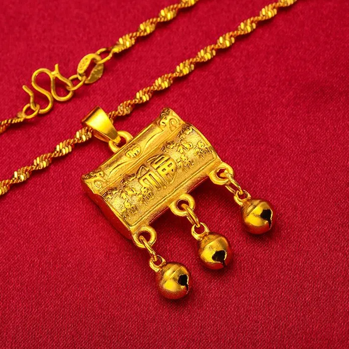 Authentic Gold-Plated Brass Vietnamese Sand Gold Longevity Lock Pendant Necklace for Men and Women, Children's Jewelry Gift