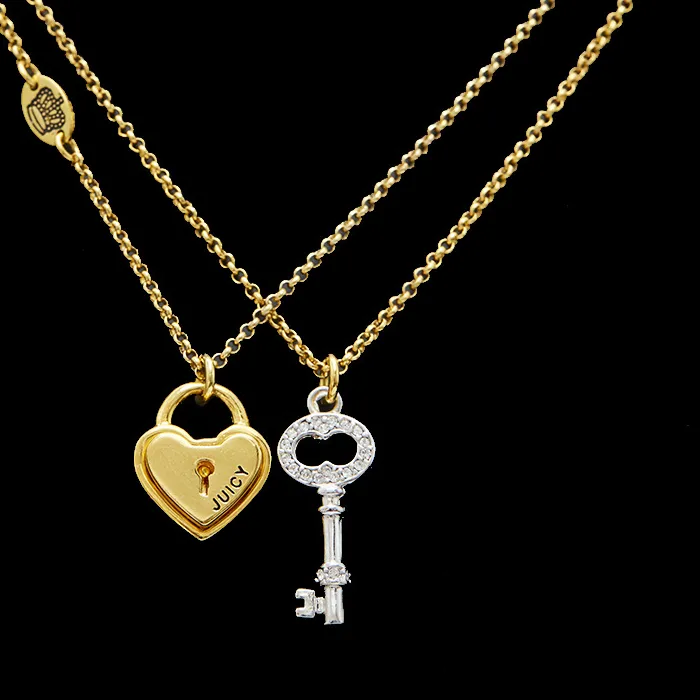 Authentic Gold Plated Clavicle Chain Inlaid Rhinestone Heart Lock And Key Couple Necklace For Women Men Fashion Romantic Jewelry Gift