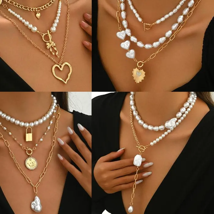 Authentic Vintage Layered Pearl Necklace For Women Gold Plated Multi Layer Chain Choker With Heart Lock Pendant For Party Daily Jewelry