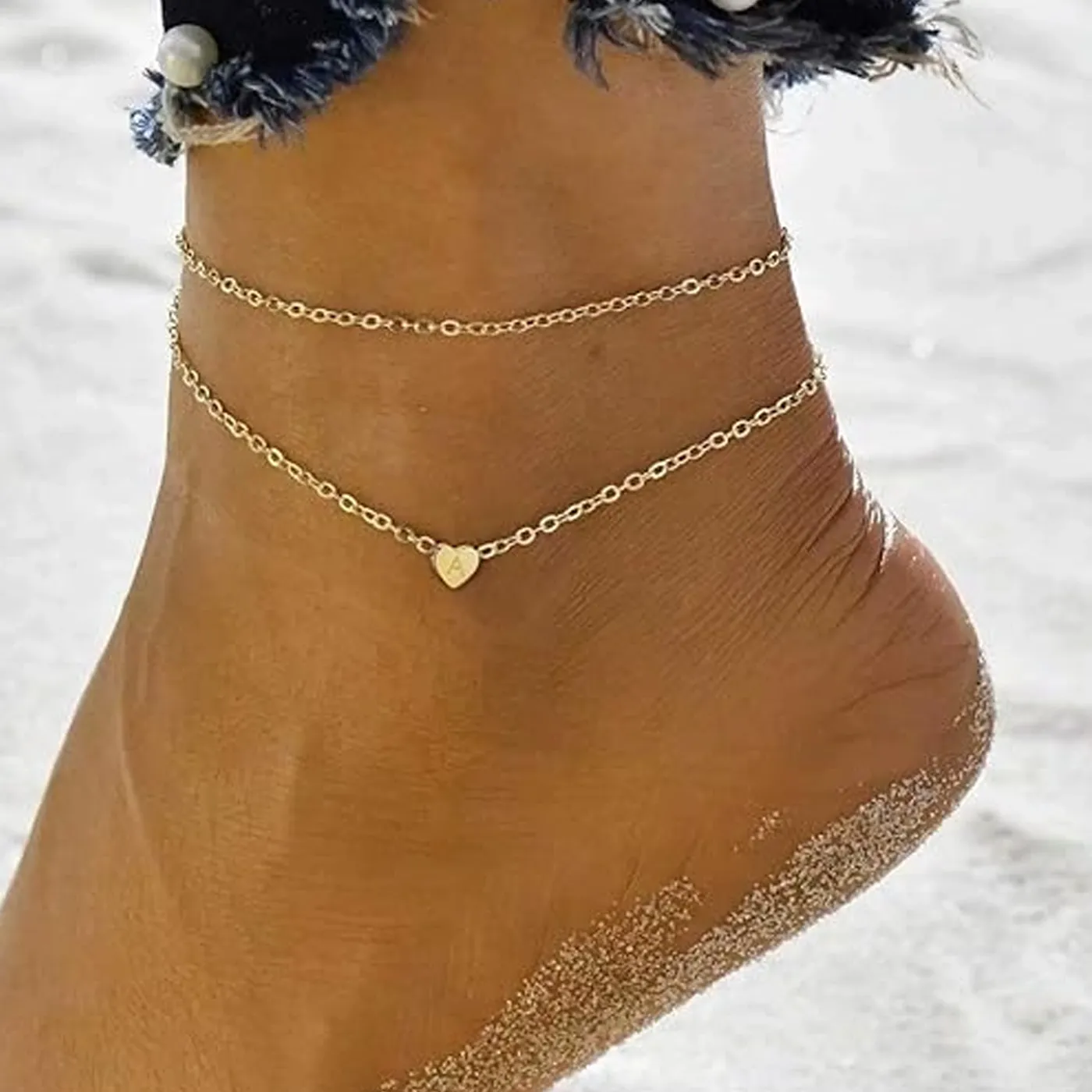 Authentic Custom Initial Heart Anklet Double Layer Gold Chain Personalized Letter Bracelet Sexy Glamour Style Women Summer Jewelry Gifts