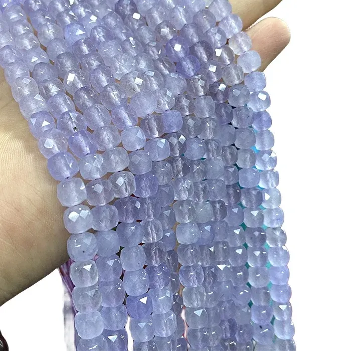 Authentic 7- 8Mm Faceted Square Lavender Chalcedony Natural Stone Loose Cube Spacer Beads For Jewelry Making Diy Bracelet Accessories