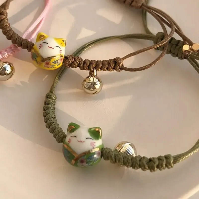 Authentic Adjustable Lovers Bell Handmade Hand Rope Gifts Women Hand Ring Chinese Style Jewelry Red Braided Rope Maneki Neko Bracelet