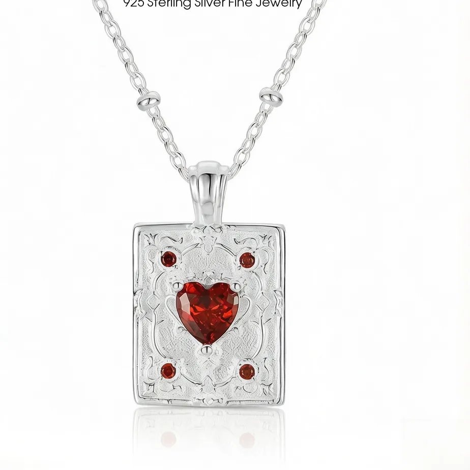 Authentic F.I.N.S French-Style S925 Sterling Silver Square Pendant Necklace Embossed Red Zirconia Heart Collarbone Chain Fine Jewelry
