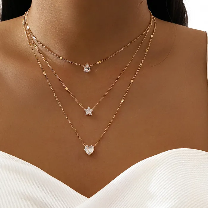 Authentic Trendy Zircon Pendant Necklace for Women Multilayer Chain Choker 3 Layer Heart Star Teardrop Shiny Fashion Party Jewelry Gift
