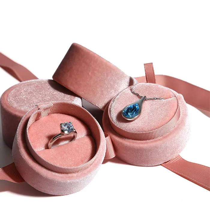 Authentic Delicate Handmade vintage velvet pendant necklace boxes gift box pink ribbon storage ring boxes jewelry packaging high-quality