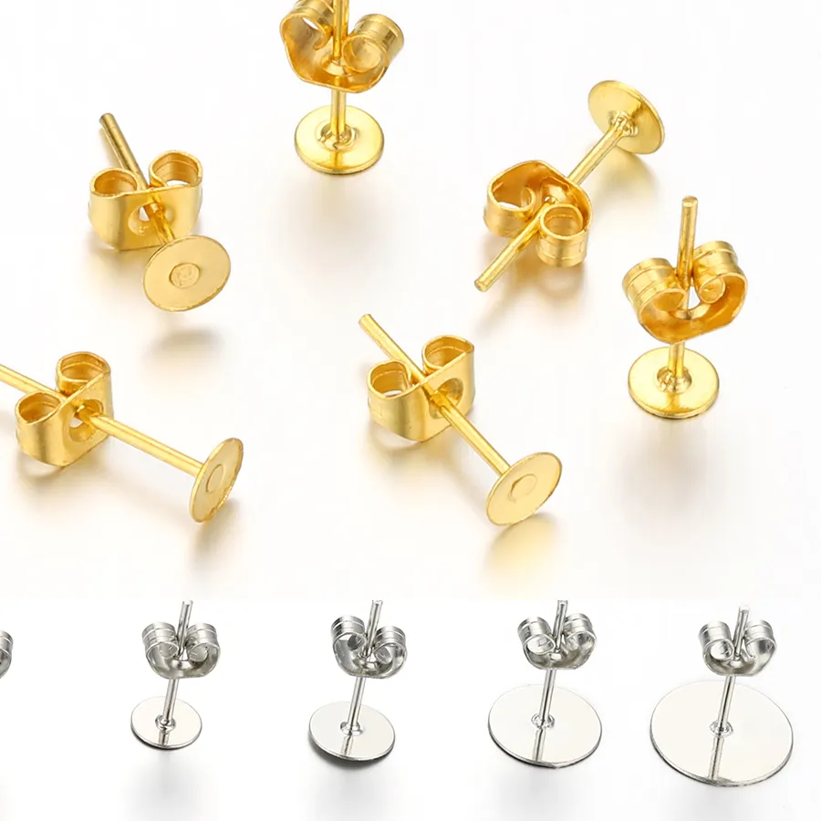 Authentic 100pcs Stud Earrings Base Blank Post Ear Studs Base Set Pins With Ear Back Earring Plug for DIY Jewelry Making Findings Supplies