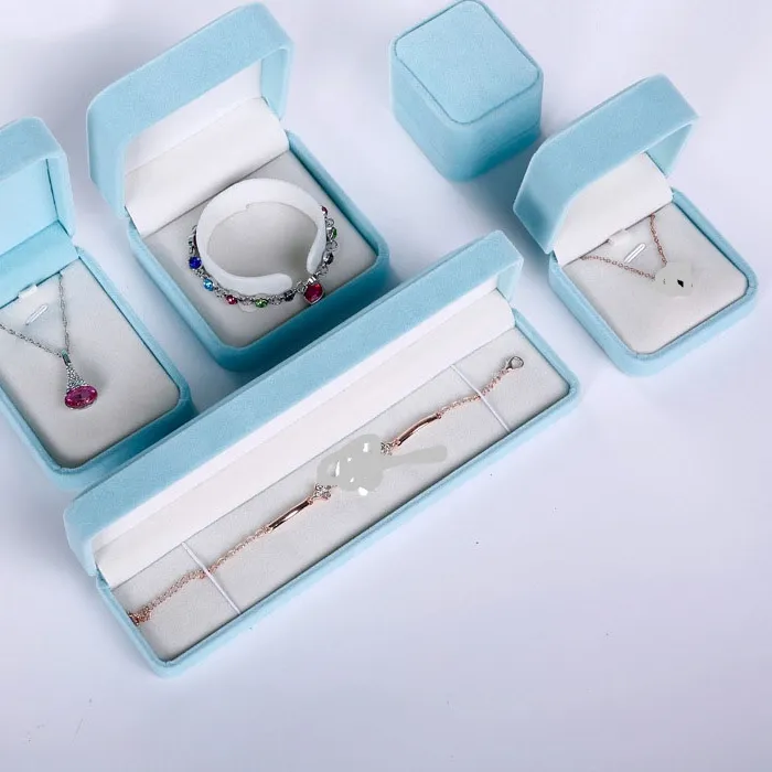 Authentic 5Pcs Luxury Jewelry Packaging Boxes Aqua Velvet Box for Necklace Earring Ring Bracelet Package Wedding Engagement Gift Package