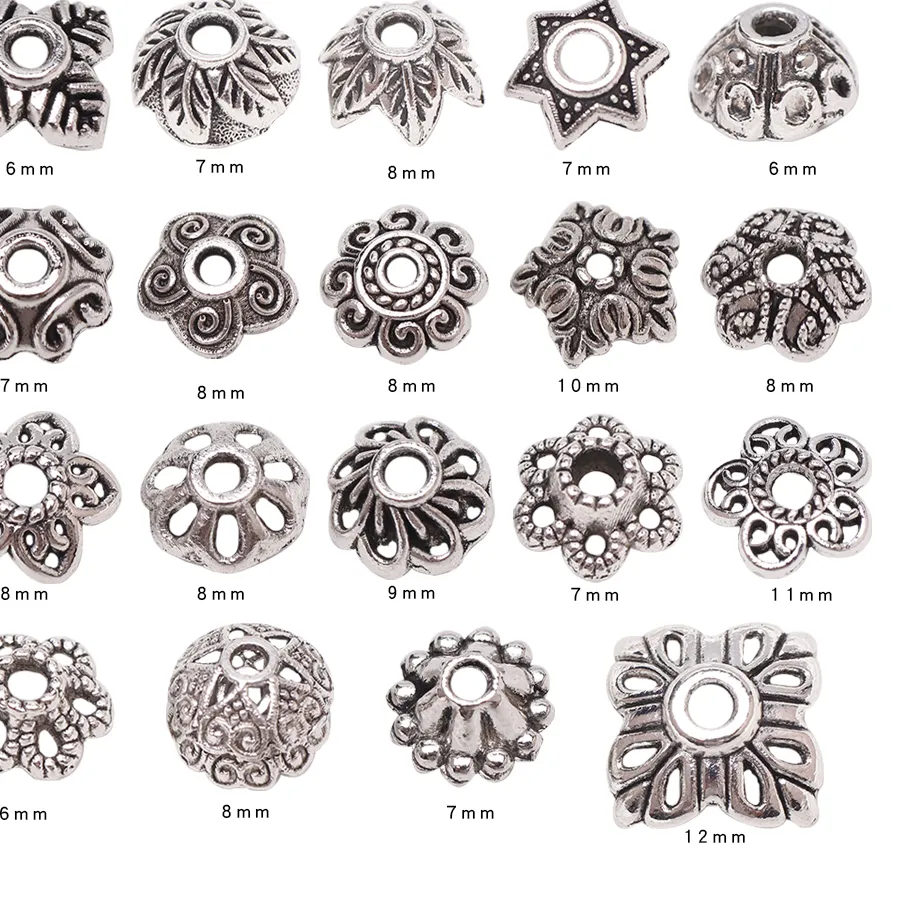 Authentic 50PCS Metal Hollow Beads Alloy End Caps Tibetan Silver Separate Beads with Alloy Flower for DIY Necklace Bracelet Jewelry Making