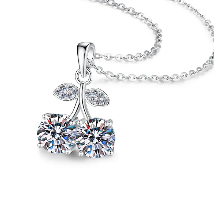 Authentic Sweet Style Cherry Pendant Necklace With Bright 3Ct Moissanite On Silky Smooth Pt950 Platinum Gloss