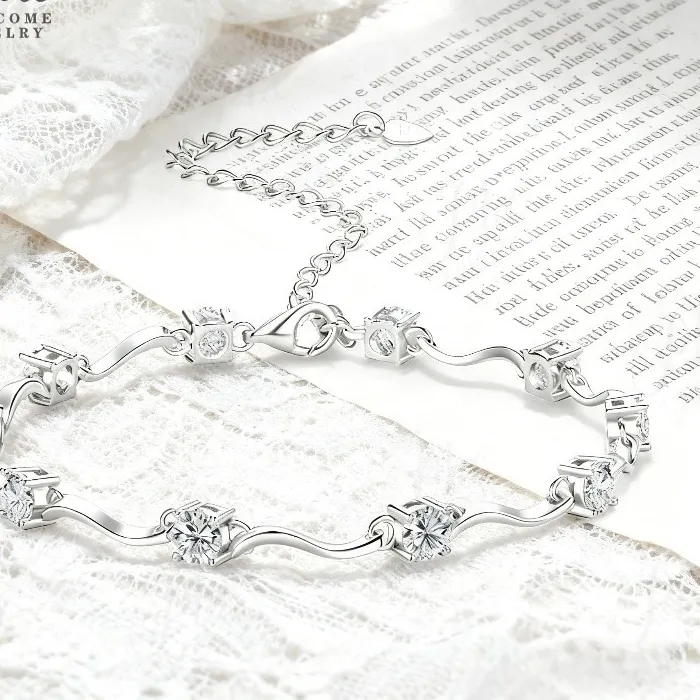 Authentic Women’s Moissanite Wave-Link Bracelet Adjustable Length Stylish Everyday Jewelry Bright Shine Modern Minimal Accessory
