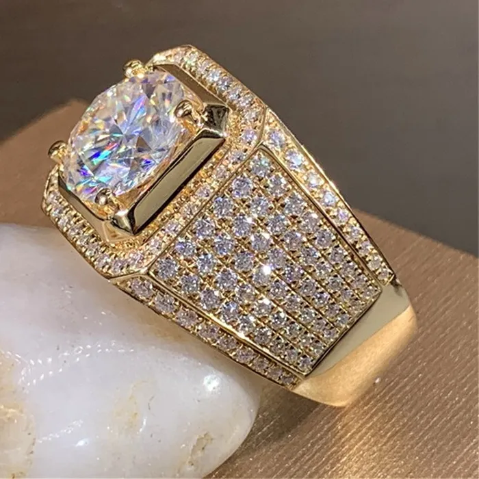 Authentic Male Classic Solitaire 2CT Lab Moissanite Ring 925 Sterling Silver 14K Gold Plated Wedding Party Finger Jewelry For Men