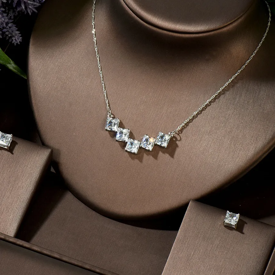 Authentic HIBRIDE New Designer Jewelry Square Cubic Zirconia Stone Drop Pendant Necklace Earrings Fashion Ladies CZ Jewelry Sets N-46