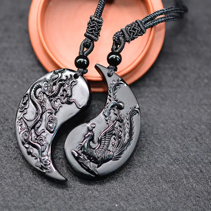 Authentic 1 Set Obsidian Taichi Dragon and Phoenix Necklace Pendant YIN YANG Pendant Necklace Obsidian Lucky Pendants