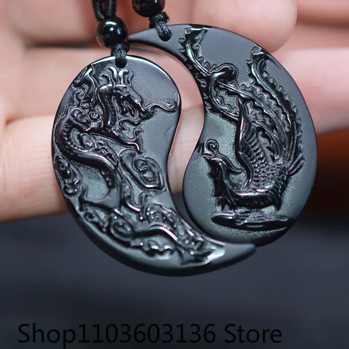 Authentic 1 Set Obsidian Taichi Dragon and Phoenix Necklace Pendant YIN YANG Pendant Necklace Obsidian Lucky Pendants
