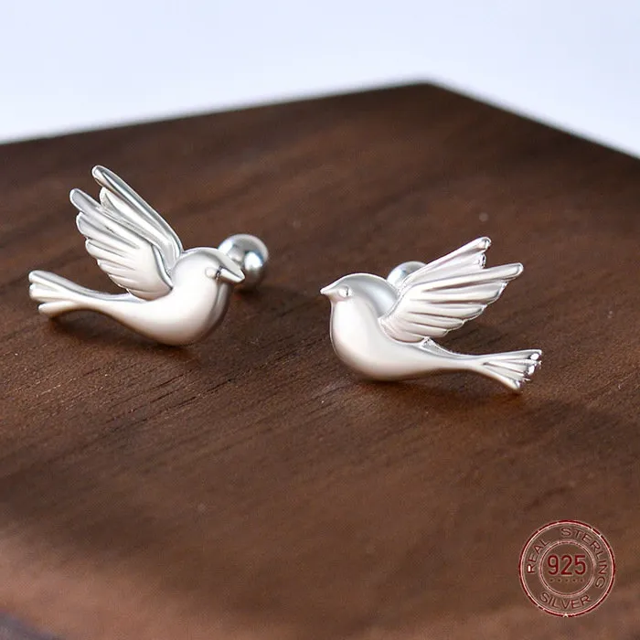 Authentic 925 Sterling Silver Bird Screw Stud Earrings Personality Originality Animal Lady Korean Earring Friends Party Piercing Jewelry