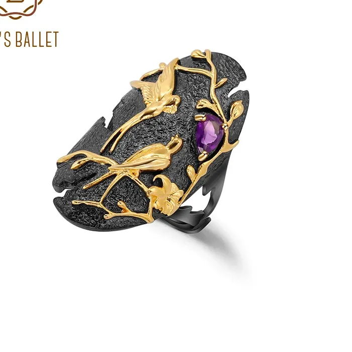 Authentic GEM'S BALLET 925 Sterling Silver Art Jewelry Handmade Loving Bird Nature Amethyst Woman’s Adjustable Statement Cocktail Ring