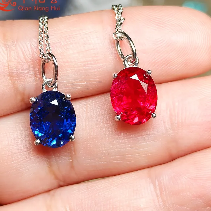 Authentic oval 8x10mm 3.6ct Pigeon blood red ruby royal Blue/Cornflower lab grown sapphire inclusions 925 silver for Pendant Necklace