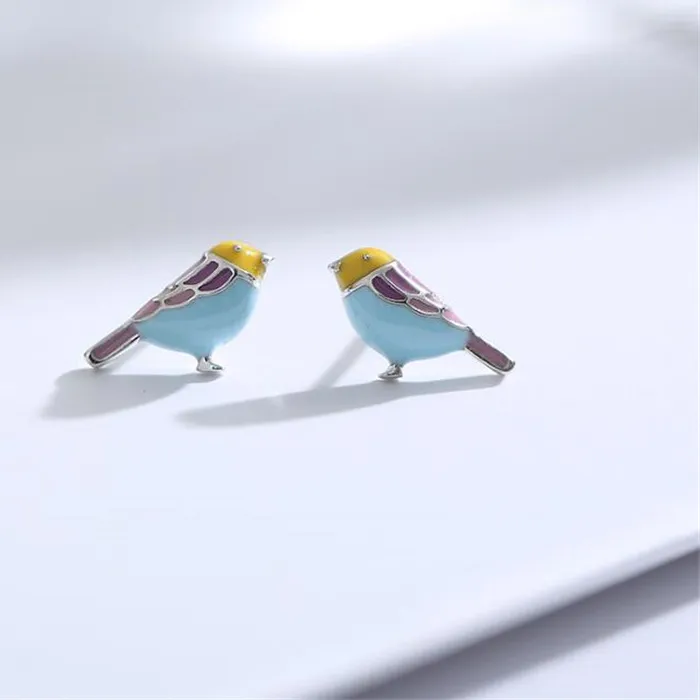 Authentic New Arrival Colorful Epoxy Compact Bird 925 Sterling Silver Jewelry Temperament Cute Animal Exquisite Stud Earrings E083
