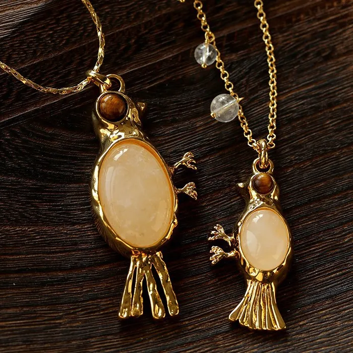 Authentic Vintage Natural Crystal Gold Plated Brass Bird Brooch Necklace Women Top Quality Luxury Jewelry