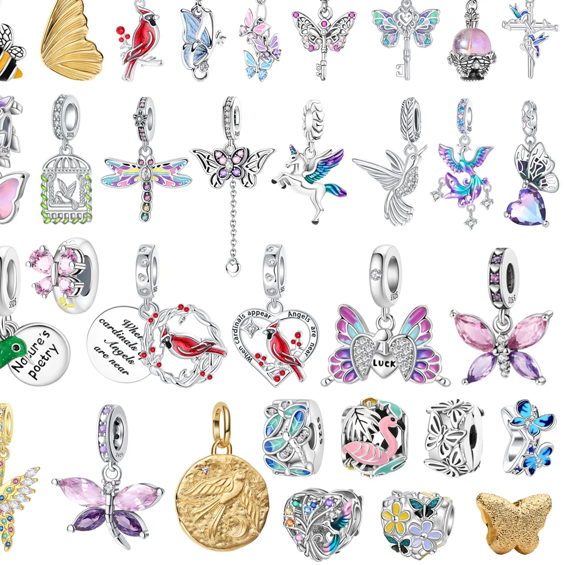 Authentic New 925 Sterling Silver Various Styles of Bird Butterfly Dragonfly Bead Pendants fit Women DIY Bracelets Necklaces Jewelry Gifts