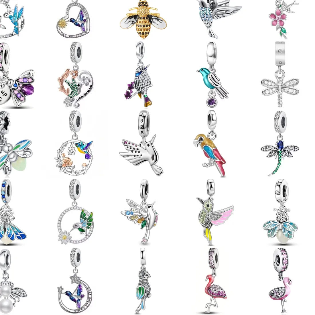 Authentic S925 Silver Bird Insect Dangle Charms Hummingbird Bee Parrot Flamingo Dragonfly Butterfly Beads Fit DIY Women Jewelry Gift