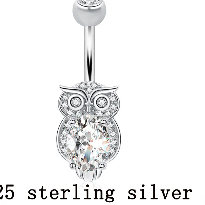 Authentic Belly button ring real 925 sterling silver navel ring owl nighthawk bird of Minerva body jewelry free shipping piercing jewelry